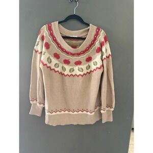 Maurices XL Tan Apple Leaf Fair Isle Scoop Neck Knit Sweater Cottagecore Fall
